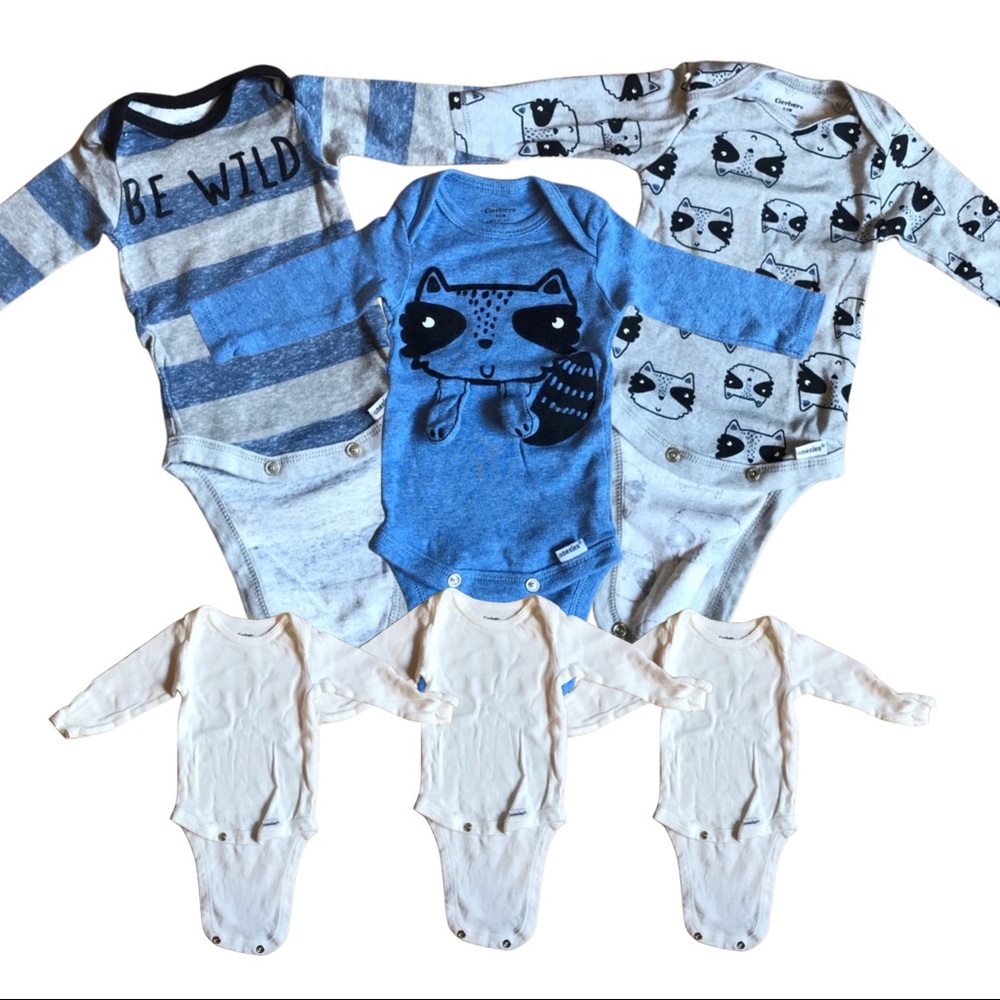 Gerber Onesie Haul!! 6 Pack of Blue Gray White Long Sleeve Boy Onesies 0-3M EUC!